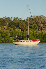 A white Sailboat Resting On Calm Blue Water Near Dense Mangrove Shoreline Under Clear Sky Gulfport, FL. Ideal for travel, leisure sailing, and peaceful waterfront scenery concepts.
