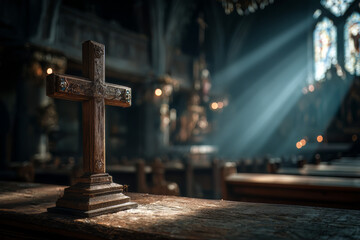 Drewniany krucyfik na ołtarzu kościoła z witrażem i światłem