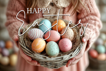 Dziecko trzyma wiklinowy kosz z kolorowymi pisankami Happy Easte