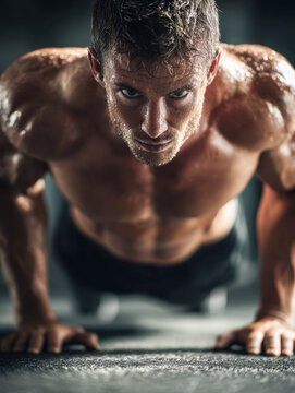 Determined muscular man focused on intense workout performing push-ups in a dimly lit gym environment with sweat glistening on his skin
