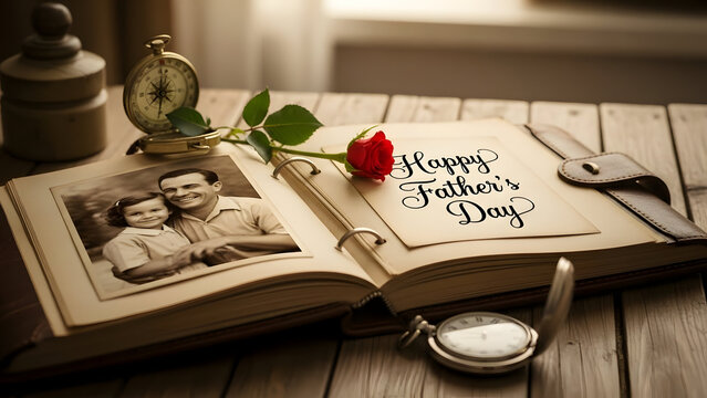 Happy father day greeting card with vintage photo and rose flower