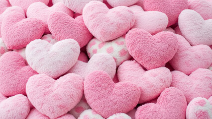 Obraz premium Fluffy pink plush heart shaped toys perfect for Valentine’s Day gifts or romantic decor. Love concept.