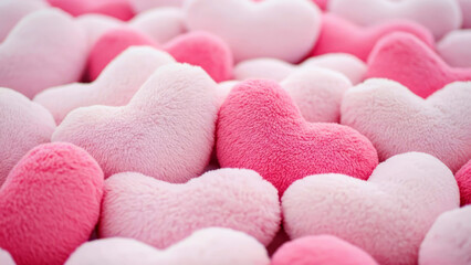 Pink fluffy plush heart shaped toys perfect for Valentine&rsquo;s Day gifts or romantic decor. Love concept.