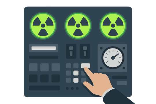 Nuclear power control panel with hand pressing button in flat design