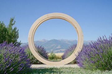 A serene circular wedding arch made from light wood, surrounded by lavender and rosemary, perfect for an aromatic outdoor ceremony,