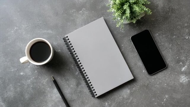 Ultra HD Flat lay of a modern workspace with coffee cup, spiral notebook, smartphone, pen, and plant on a dark grey background video