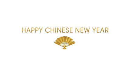 Golden chinese new year greeting with fan shaped decoration on white background