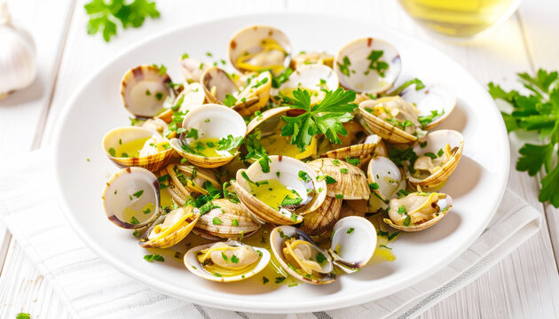 Clams bulho pato served on a white plate with a flavorful garlic butter sauce. AI
