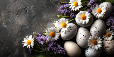 White Speckled Eggs Daisies Lilac Flowers Dark Stone Backdrop