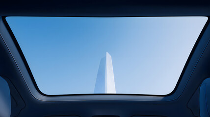 View of blue sky and tall building through a modern car panoramic sunroof