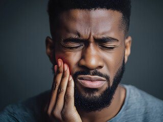 African American man suffering from severe toothache touching painful cheek