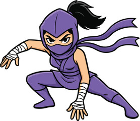 Cartoon ninja character in purple costume crouching pose with scarf, bandaged hands, intense expression, dynamic action stance, vector illustration