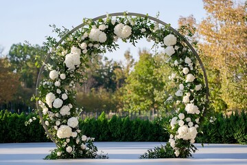 A sophisticated circular wedding arch embellished with ivory blooms and cascading greenery, adding a touch of elegance to outdoor ceremonies,