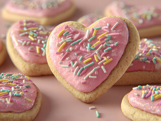 Close up of heart shaped cookies with pink frosting and colorful sprinkles for Valentine's Day