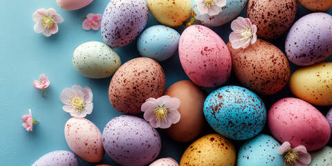 Colorful Speckled Easter Eggs Pink Flowers Blue Flatlay