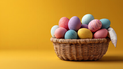 Colorful Easter Eggs Woven Basket Yellow Background Full