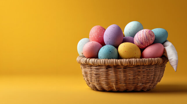 Colorful Easter Eggs in Woven Basket on Yellow Background, Spring Holiday top viewtop view