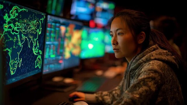 Medium shot of an expert configuring AI threat detection software designed to automate national threat identification through advanced pattern recognition technology.