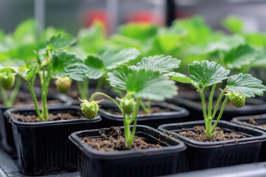 Growing strawberry plants in pots under bright greenhouse lights for an early harvest