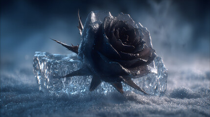 Dark metallic rose resting on a block of crystal clear ice