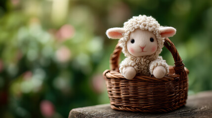 Cute Plush Lamb Woven Basket Blurred Green Garden Bokeh