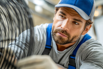 Focused maintenance technician wearing blue cap and overalls repairing or inspecting a piece of industrial equipment in a workshop setting