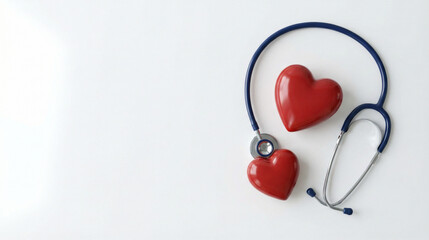 Fototapeta premium Heart and Health: A stethoscope rests alongside two red hearts, representing the importance of cardiovascular health and medical care. A simple yet powerful image highlighting healthcare.