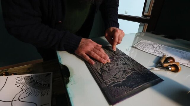 Macro shot of an artist's hands using a gouge to carve intricate details into a linoleum block, creating a relief printmaking matrix in a creative art studio.