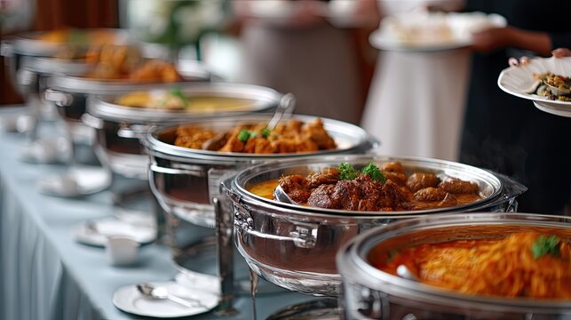 Guests enjoy a variety of hot Indian and Arabic food from chafing dishes at a festive wedding event with a blurred background