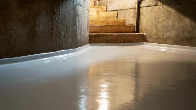 Medium shot showcasing a smooth application of waterproof coatings on basement surfaces emphasizing seamless defense against dampness and leaks.