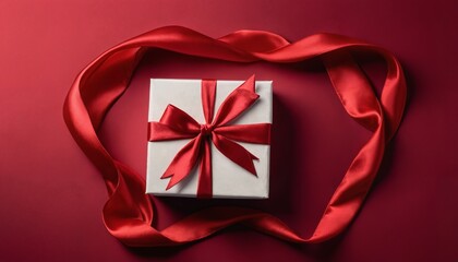 Romantic Valentine's Day gift box with red bow composition, flat lay top view