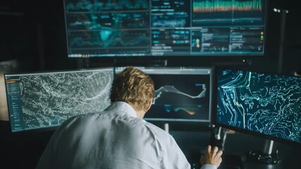 Medium shot of a specialist scanning data streams with AI tools to identify digital rights violations efficiently. - Powered by Adobe