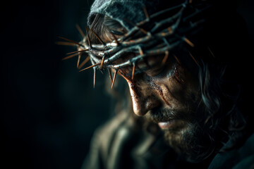 Jesus Crown Thorns Dramatic Portrait Blood Suffering Face