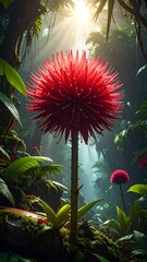 Towering red flower blooms in a lush, sunlit jungle. Foliage abounds, creating a vibrant, natural scene