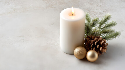 Lit White Candle Pine Cones Fir Gold Baubles Christmas