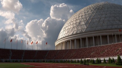 Obraz premium A vibrant soccer stadium is crowded with fans enjoying a lively match on a bright afternoon under a clear sky