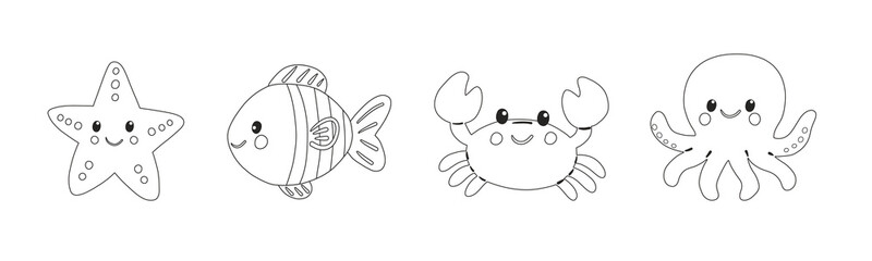 Obraz premium Cute Sea Animals Line Art Set, Marine Life Coloring Page Vector for Kids