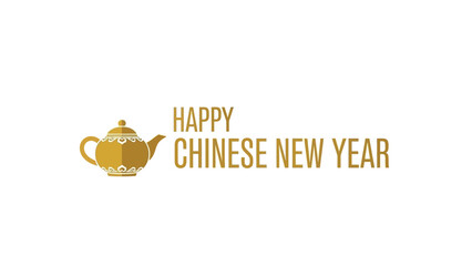 Fototapeta premium Golden teapot with happy chinese new year text on white background
