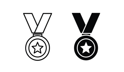 Black and white star shaped medal icons with ribbons in line art style © rsvect02