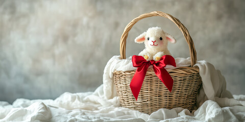 Polish Easter Basket Sugar Lamb Red Ribbon White Cloth
