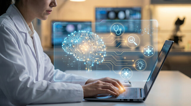 Medical Innovation in Action: A dedicated medical professional is immersed in the world of technological and medical advancement.