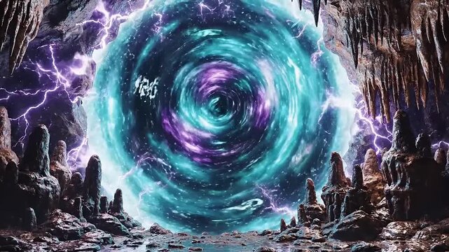 Abstract portal opening in a dark cavern with digital energy