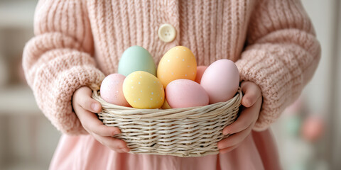 Toddler Girl Pink Sweater Pastel Eggs Woven Basket Hold