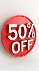 Red 3D sale badge with 50% off text. Discount promotion symbol on white background. Vertical marketing illustration for retail