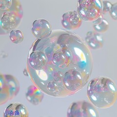 Abstract background of floating iridescent soap bubbles. Colorful holographic spheres with glossy reflection. 3D render