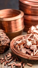 Shiny copper pieces, coiled wires, and raw ore, sit on a wooden surface, softly lit, close up