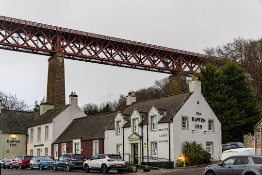 Forth Bridge and Hawes Inn with parked cars