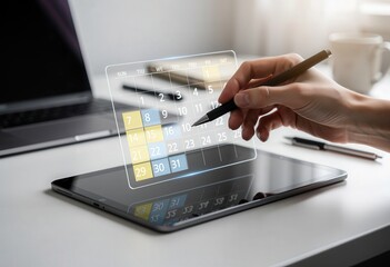 A hand holds a stylus pointing at a digital calendar displayed on a tablet. This image conveys planning, scheduling, organization, and digital productivity.