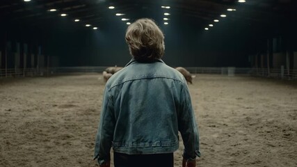 Medium shot capturing a livestock breeder observing fastgrowing pigs in a spacious pen highlighting accelerated growth rate genetics.