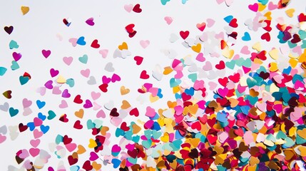 Colorful heart shaped confetti scattered on white background. Valentine's Day or birthday celebration flat lay concept. Copy space for text